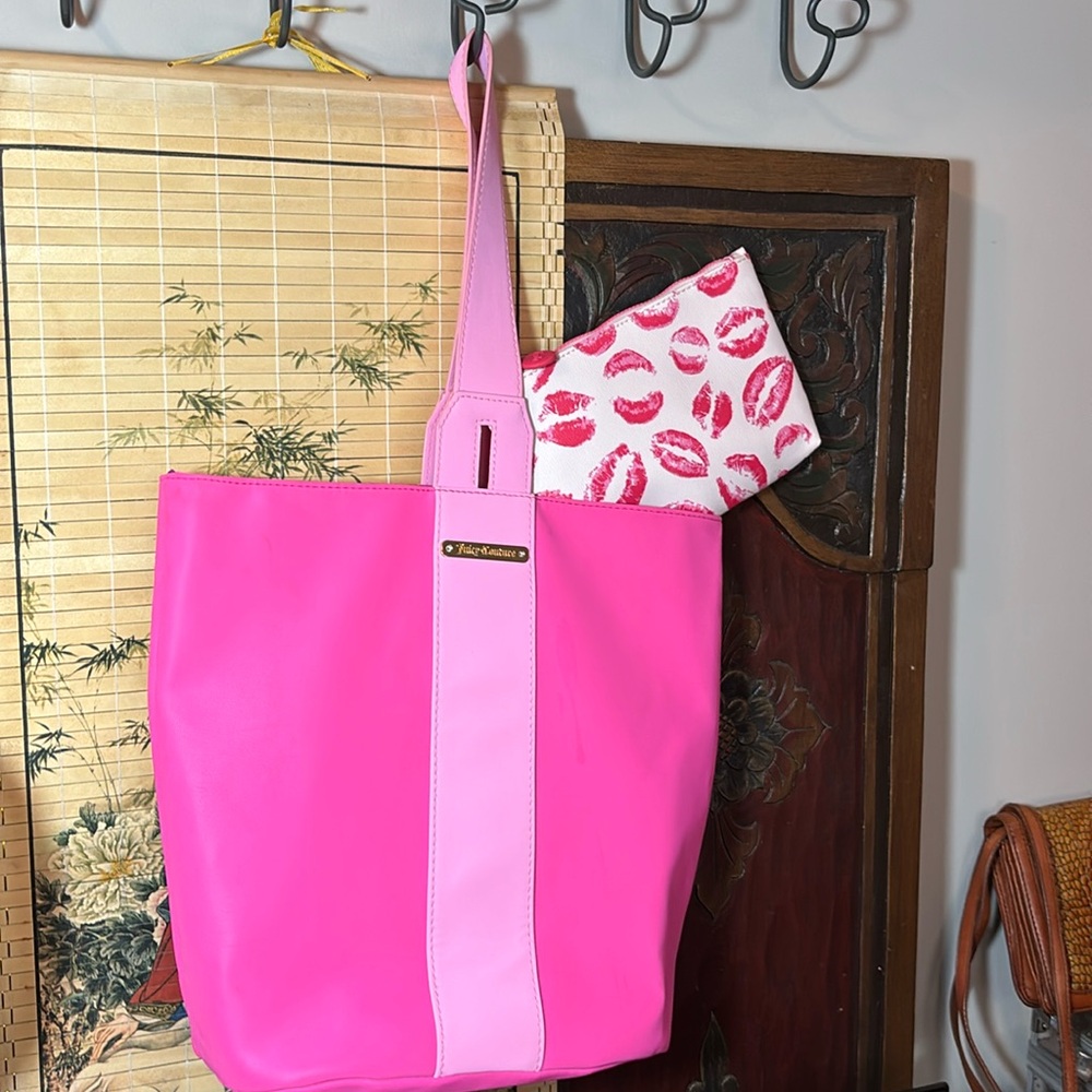 Juicy Couture Hot Pink Faux Leather Tote w Wristlet, and IPSY Pouch